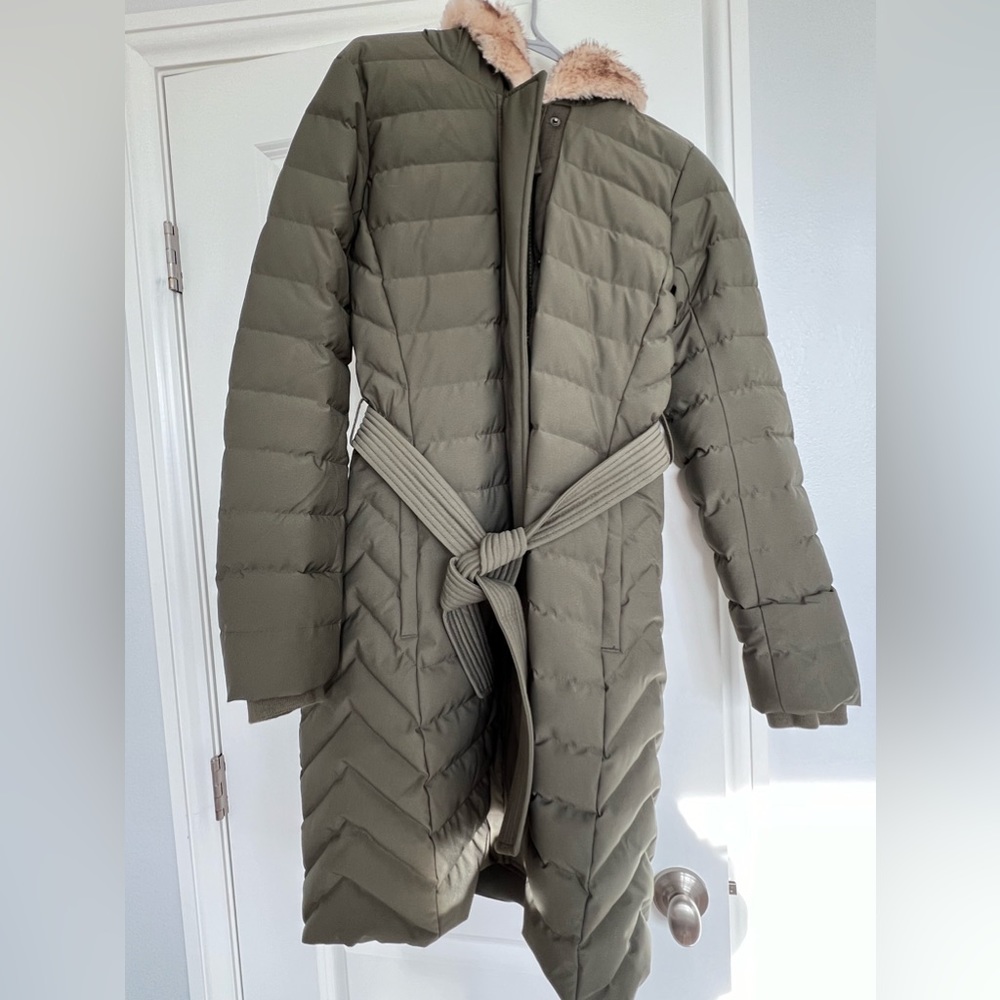 Long Green Puffer Jacket with Hooded Fur by Abercrombie & Fitch